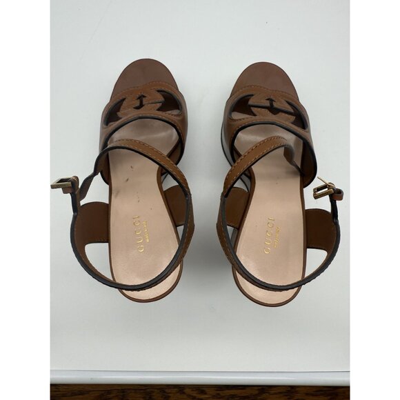 Gucci Brown Leather Platform Sandals With GG Cut-Out Design Size 38.5 EU - Picture 2 of 8
